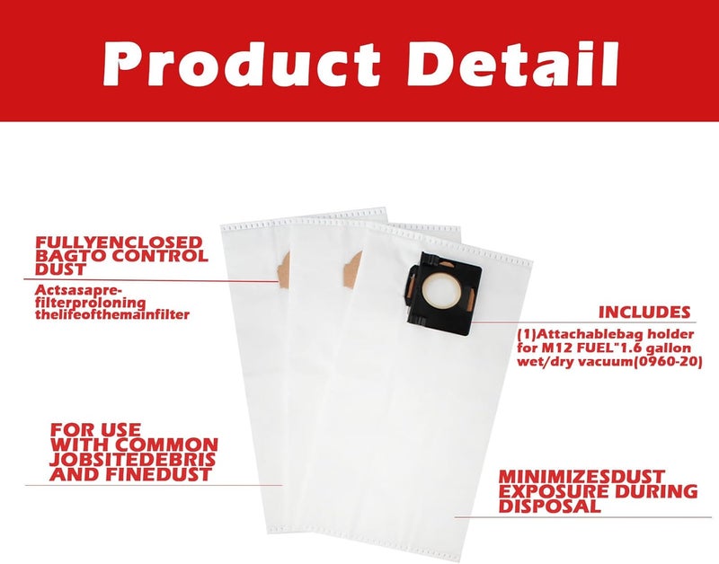 Yehtta 49-90-2016 Fleece Dust Bags For MILWAU-KEE 0960-20 & 0970-20 M18 PACKOUT Vacuum - Image 2